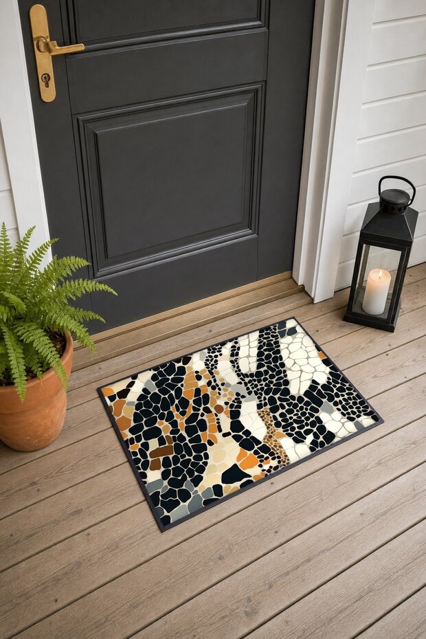 Black Cream Mosaic Zebra-Patterned Doormat, 40x60 cm, with Non-Slip Sole, Decorative