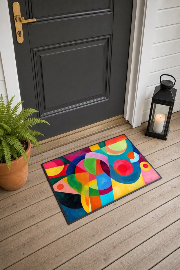 Colorful Circle and Arch Composition Patterned Doormat, 40x60 cm, with Non-Slip Sole, Decorative
