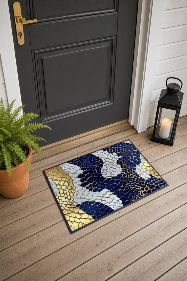 Navy Blue Door Mat with Gold Snake Skin Pattern, 40x60 cm, Non-Slip Sole, Decorative
