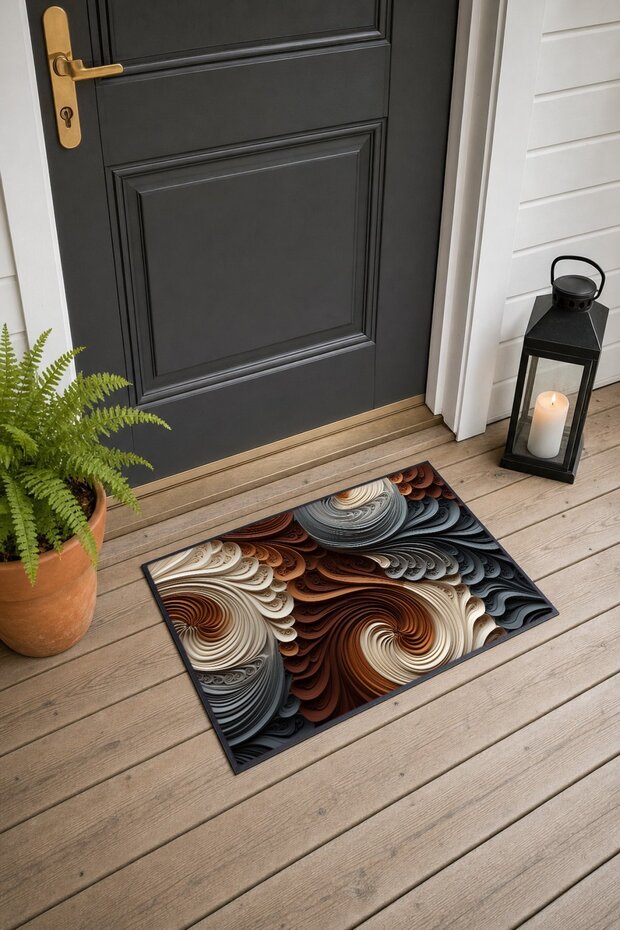 Brown and Beige Wavy-Patterned Doormat, 40x60 cm, with Non-Slip Sole, Decorative