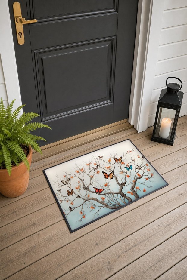 552 Orange Butterfly Garden Patterned Doormat, 40x60 cm, with Non-Slip Sole, Decorative