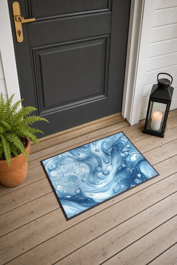 Ice Blue Water Droplet Flow Pattern Doormat, 40x60 cm, Non-Slip Sole, Decorative