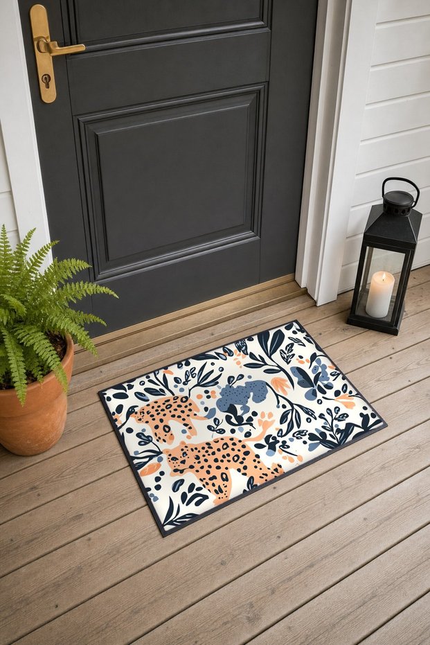 Cream Navy Leopard Print Botanical Pattern Doormat, 40x60 cm, with Non-Slip Sole, Decorative
