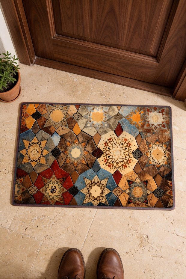 Brown and Blue Star Mosaic Turkish Rug-Patterned Doormat, 40x60 cm, with Non-Slip Sole