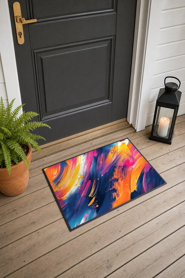 Orange and Purple Door Mat with Dynamic Brushstroke Pattern, 40x60 cm, Non-Slip Sole, Decorative