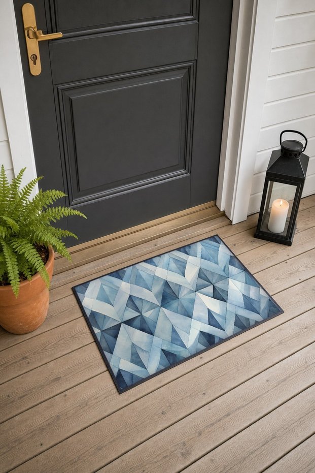 Blue Geometric Waves Patterned Doormat, 40x60 cm, with Non-Slip Sole, Decorative
