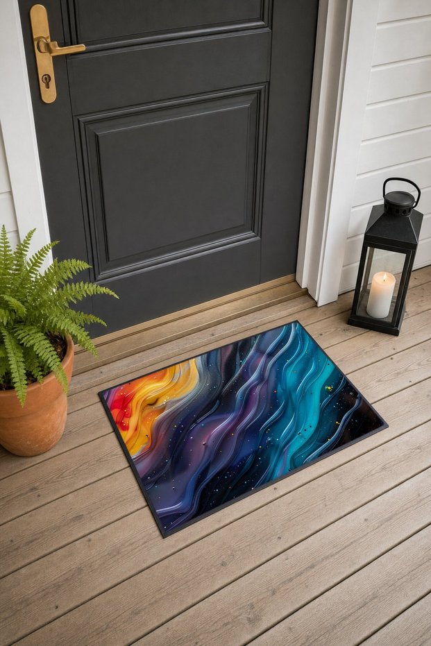 Blue and Orange Fluid-Patterned 847 Doormat, 40x60 cm, with Non-Slip Sole, Decorative