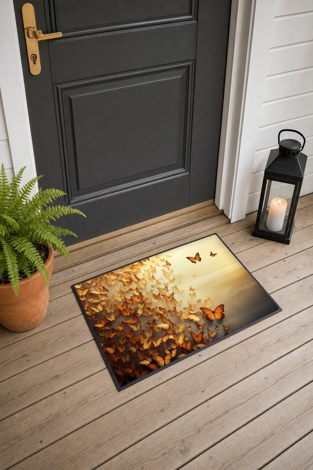 516 "Golden Butterfly Dance" Patterned Doormat, 40x60 cm, with Non-Slip Sole, Decorative