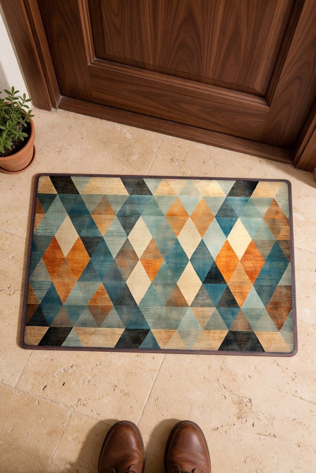 Blue and Orange Distressed Diamond-Patterned Turkish Rug-Style Doormat, 40x60 cm, with Non-Slip Sole