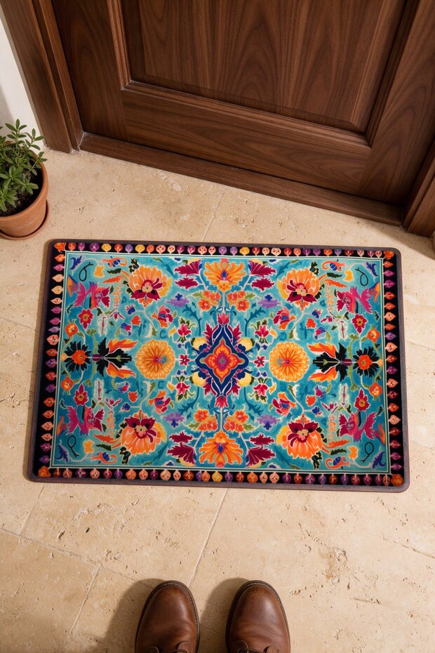 Turquoise and Orange Floral Print Kilim Rug-Patterned Doormat, 40x60 cm, with Non-Slip Sole