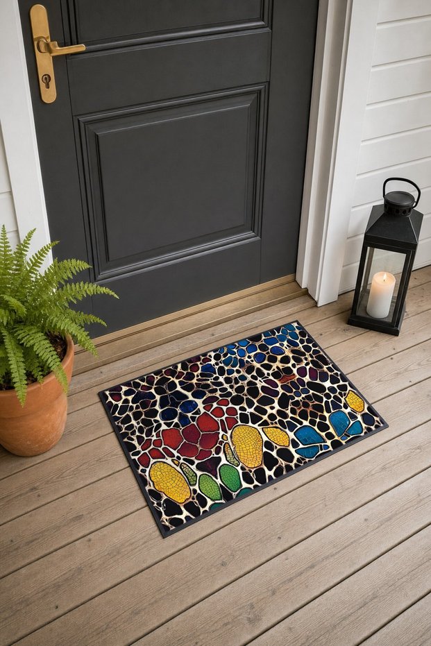 Red and Blue Mosaic Leopard Print Doormat, 40x60 cm, with Non-Slip Sole, Decorative