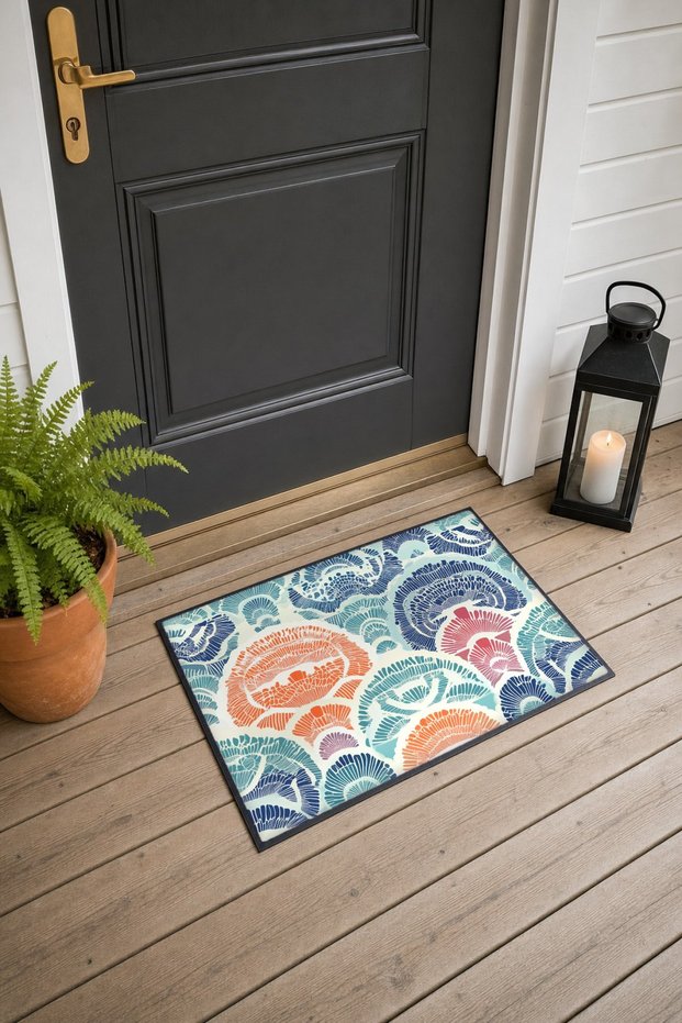 Coral Blue Ethnic Patterned Doormat, 40x60 cm, with Non-Slip Sole, Decorative