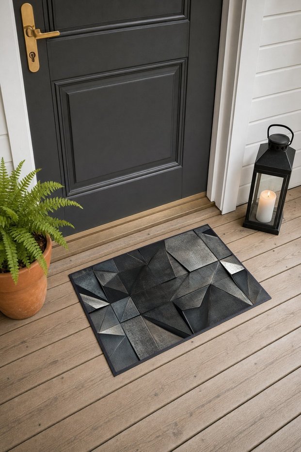 Anthracite 3D Geometric Patterned Woven Doormat, 40x60 cm, with Non-Slip Sole, Decorative