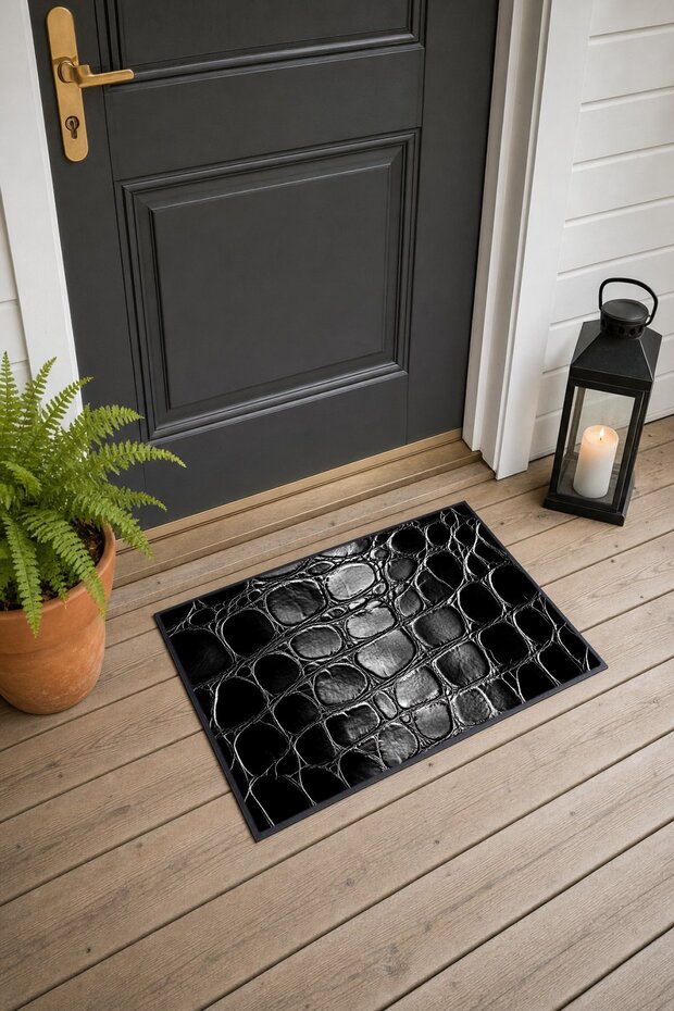 Black and Silver Lacquered Crocodile-Patterned Doormat, 40x60 cm, with Non-Slip Sole, Decorative