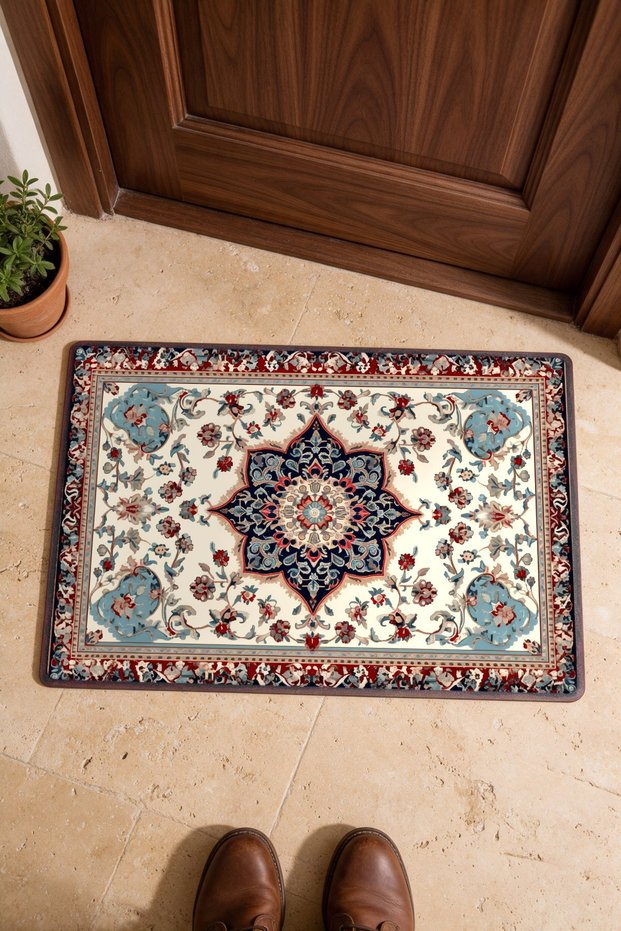 Navy Blue Flower Garden Turkish Rug-Floral Print Doormat, 40x60 cm, with Non-Slip Sole