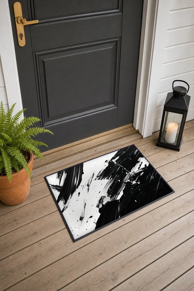 Black and White Diagonal Brush-Patterned Doormat, 40x60 cm, with Non-Slip Sole, Decorative