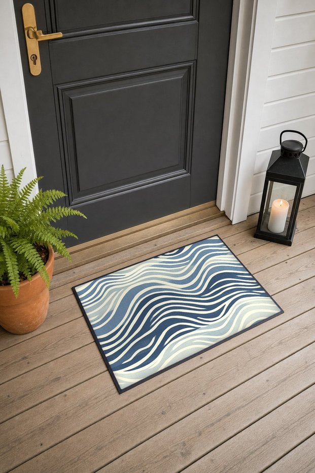 Navy Blue and Cream Rhythmic Wave Pattern Doormat, 40x60 cm, with Non-Slip Sole, Decorative