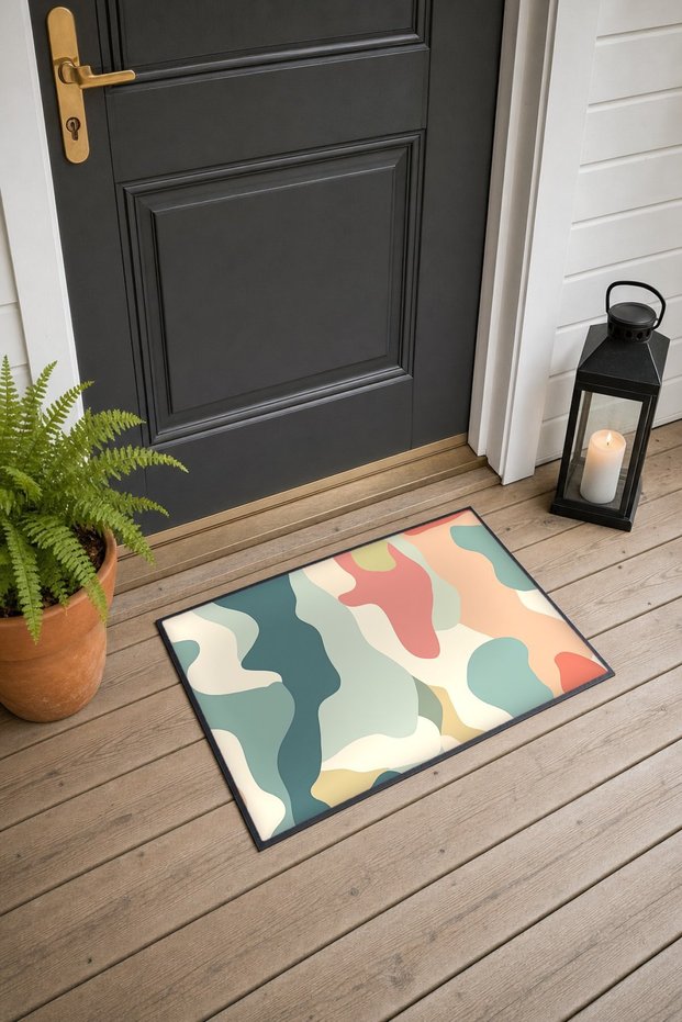 Mint and Coral Camouflage Print Abstract Patterned Doormat, 40x60 cm, Non-Slip Sole, Decorative