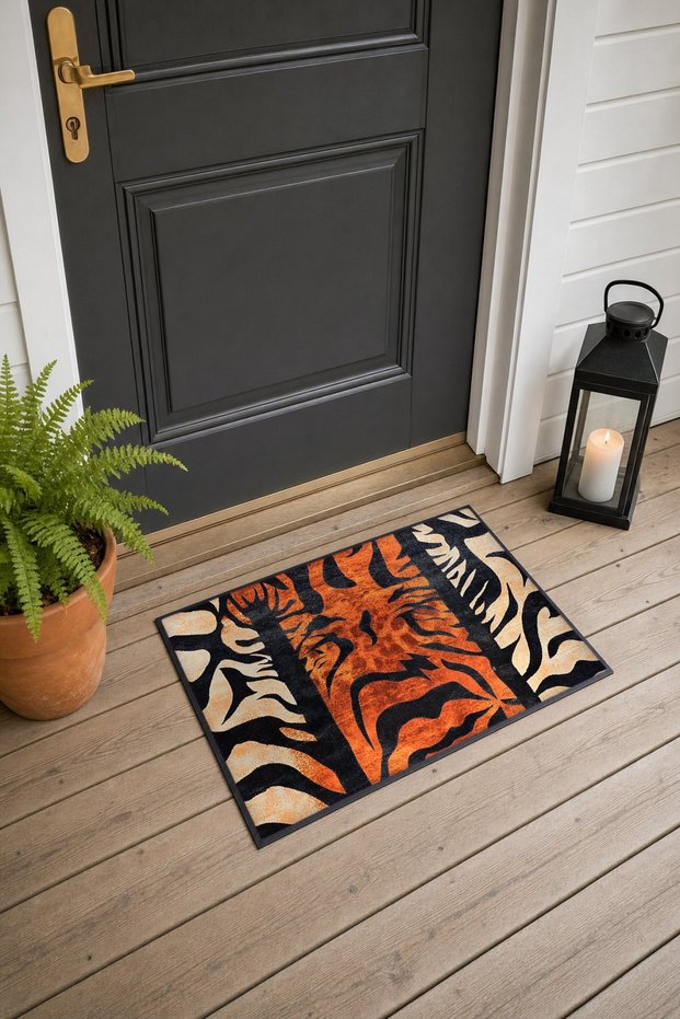 Orange and Black Leopard and Zebra Stripe Patterned Doormat, 40x60 cm, with Non-Slip Sole, Decorative