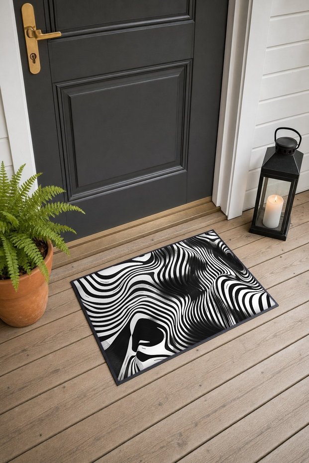 Black and White Wavy Pattern 885 Doormat, 40x60 cm, Non-Slip Sole, Decorative