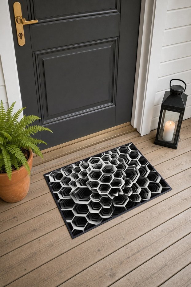 Black and White Hexagon-Patterned Doormat, 40x60 cm, with Non-Slip Sole, Decorative