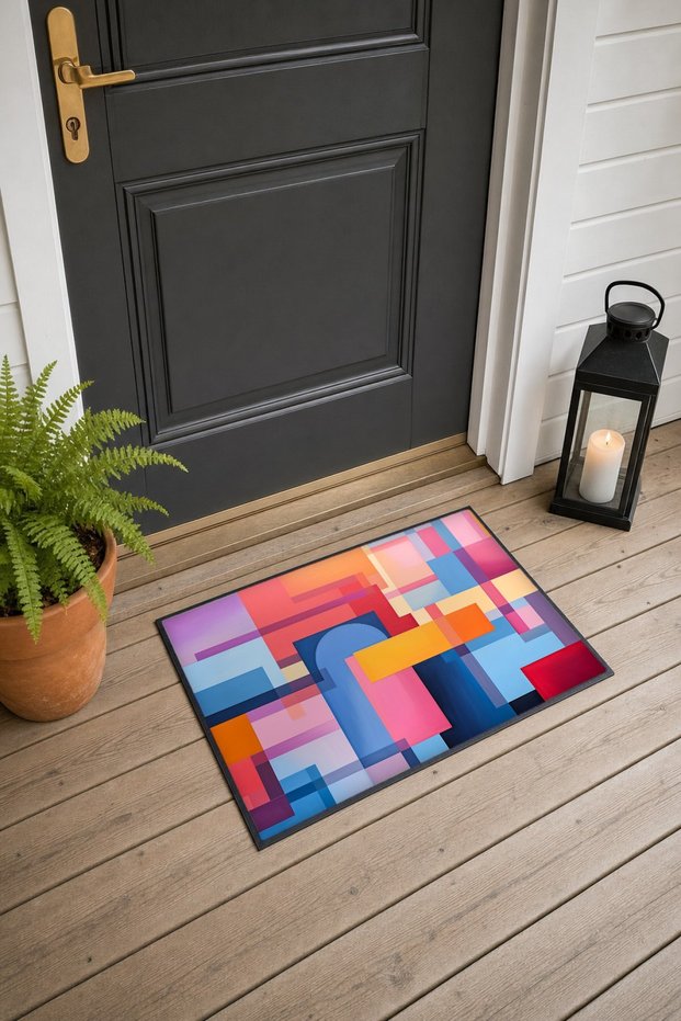 Pink and Blue Geometric Patterned 290 Doormat, 40x60 cm, with Non-Slip Sole, Decorative