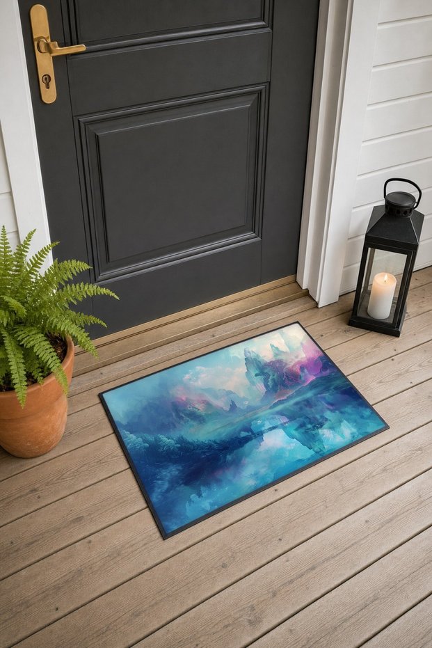 Turquoise Misty Mountain Lake Patterned Doormat, 40x60 cm, with Non-Slip Sole, Decorative