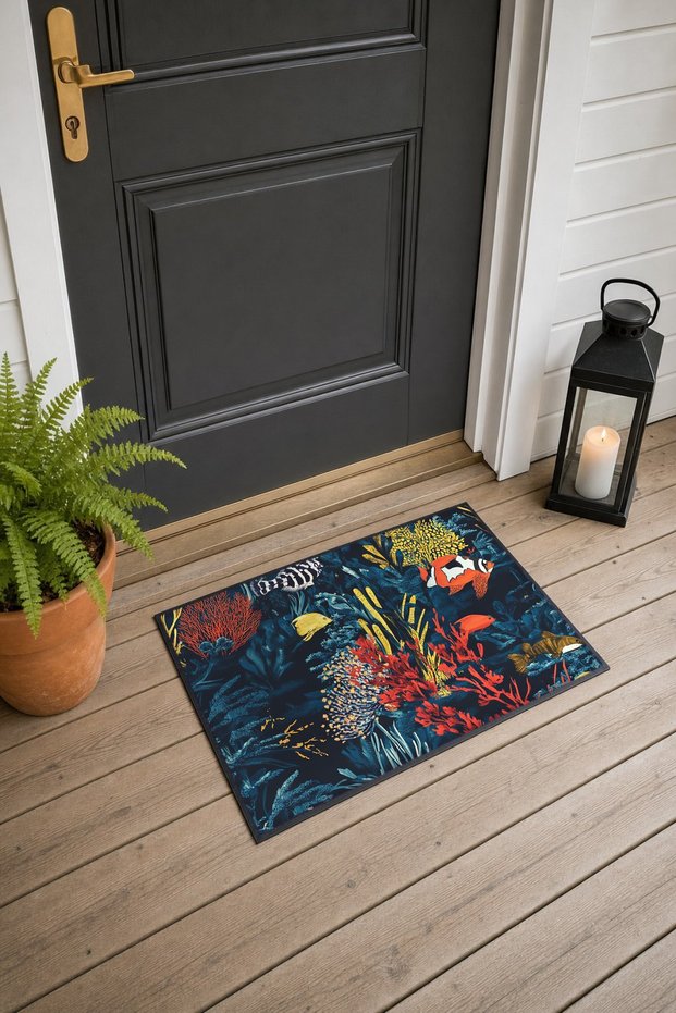 Navy Blue Clownfish Coral-Patterned Doormat, 40x60 cm, Non-Slip Sole, Decorative