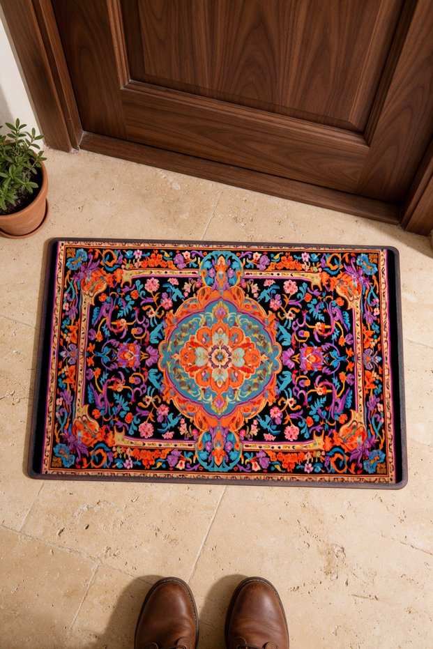 Black, Purple, and Orange Medallion Turkish Rug-Patterned Doormat, 40x60 cm, with Non-Slip Sole