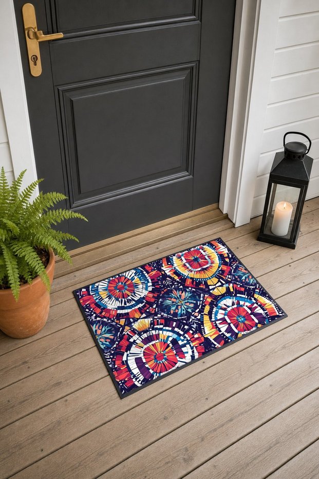 Navy Blue and Red Mandala Batik Print Doormat, 40x60 cm, with Non-Slip Sole, Decorative