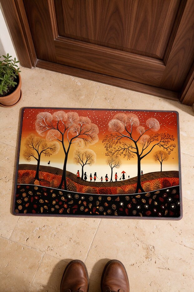 Orange and Black Landscape-Patterned 953 Doormat, 40x60 cm, with Non-Slip Sole, Decorative