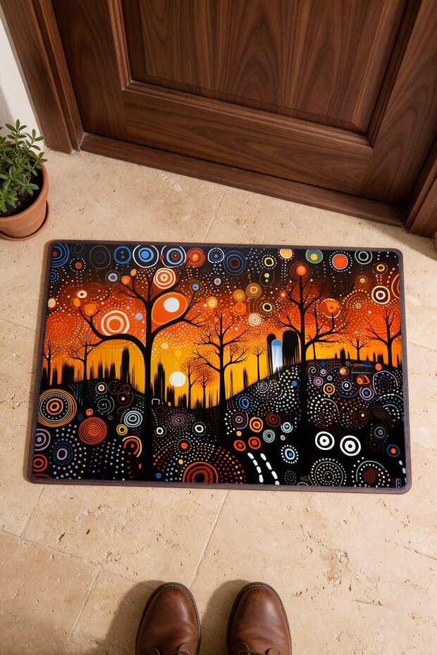 Orange and Blue Circular Landscape-Patterned Doormat, 40x60 cm, with Non-Slip Sole, Decorative