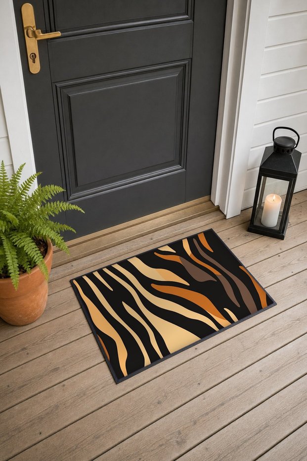 Coffee-Colored Black Leopard-Print Striped Pattern Doormat, 40x60 cm, with Non-Slip Sole, Decorative