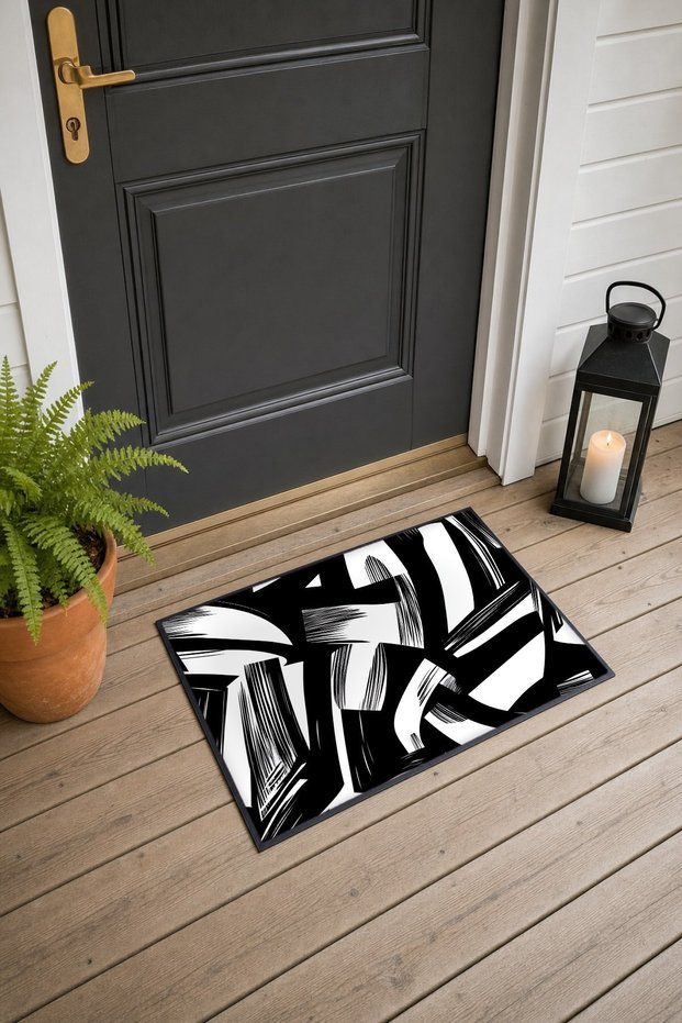Black and White Thick Brushstroke-Patterned Doormat, 40x60 cm, with Non-Slip Sole, Decorative