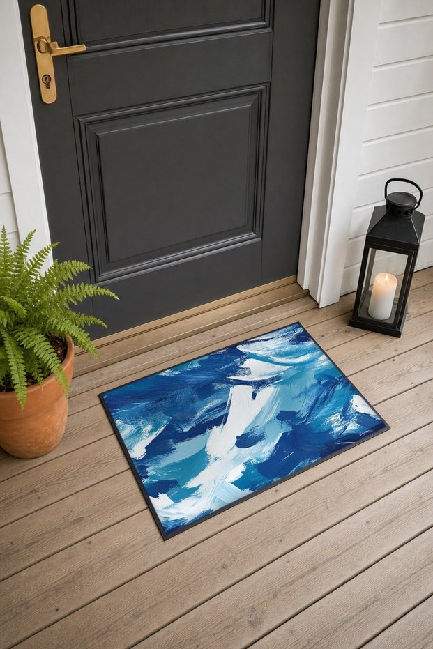 Navy Blue and White Brushstroke Wave-Patterned Doormat, 40x60 cm, with Non-Slip Sole, Decorative