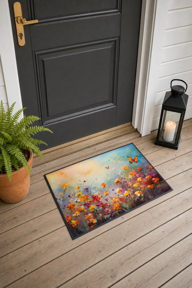 Orange and Purple Flower Field Floral Print Doormat, 40x60 cm, with Non-Slip Sole, Decorative