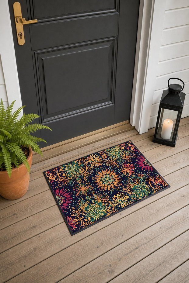 Navy and Burgundy Folk Floral Print Doormat, 40x60 cm, with Non-Slip Sole, Decorative