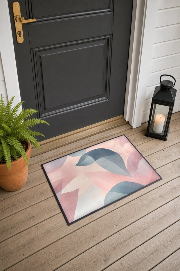Pink and Gray Large Leaf-Patterned Doormat, 40x60 cm, with Non-Slip Sole, Decorative