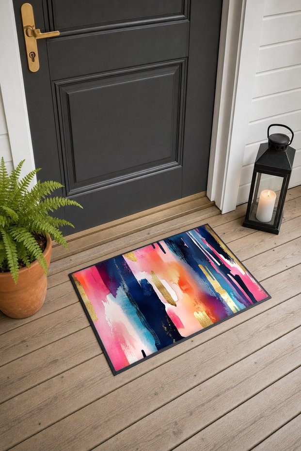 Pink and Navy Blue Acrylic Abstract Patterned Doormat, 40x60 cm, with Non-Slip Sole, Decorative