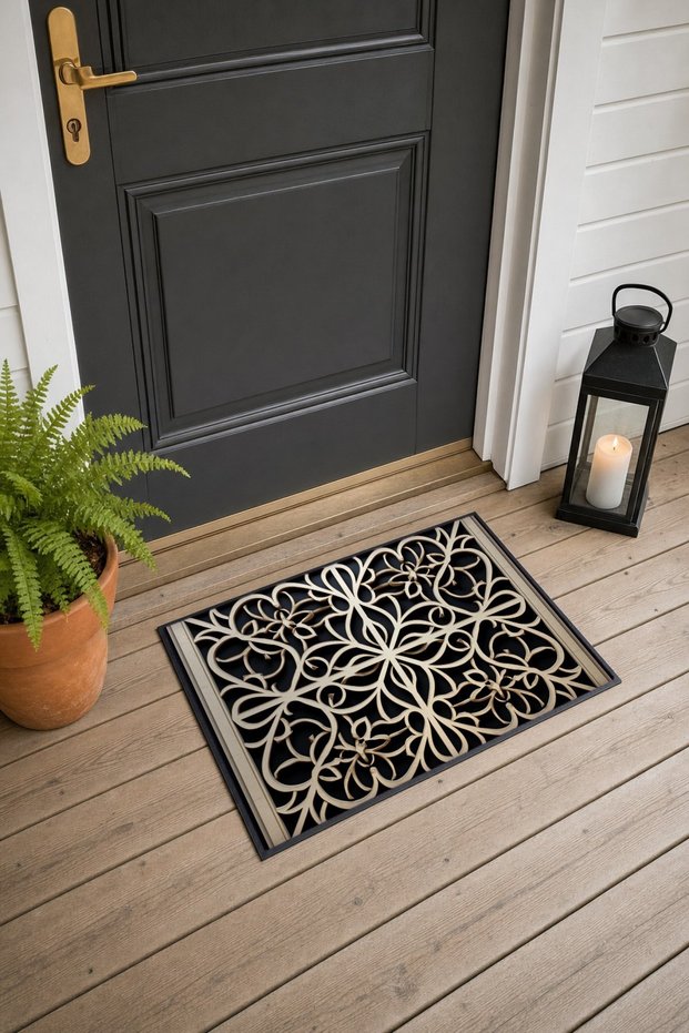 Cream-Colored Doormat with Black Floral Print, 40x60 cm, Non-Slip Sole, Decorative