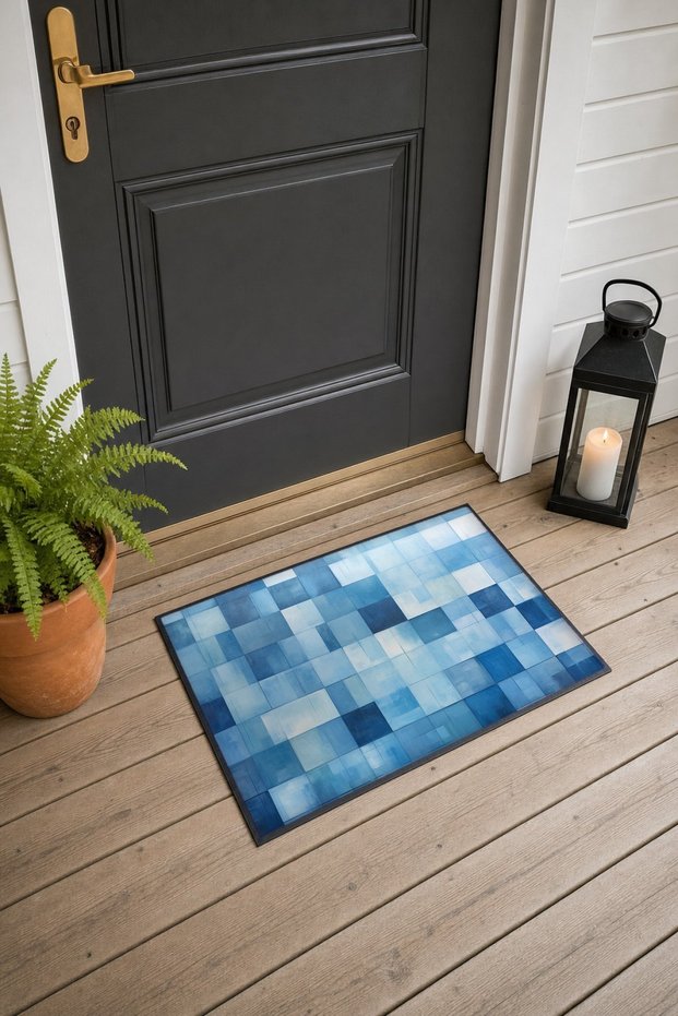 Blue-Toned Mosaic-Patterned Doormat, 40x60 cm, with Non-Slip Sole, Decorative