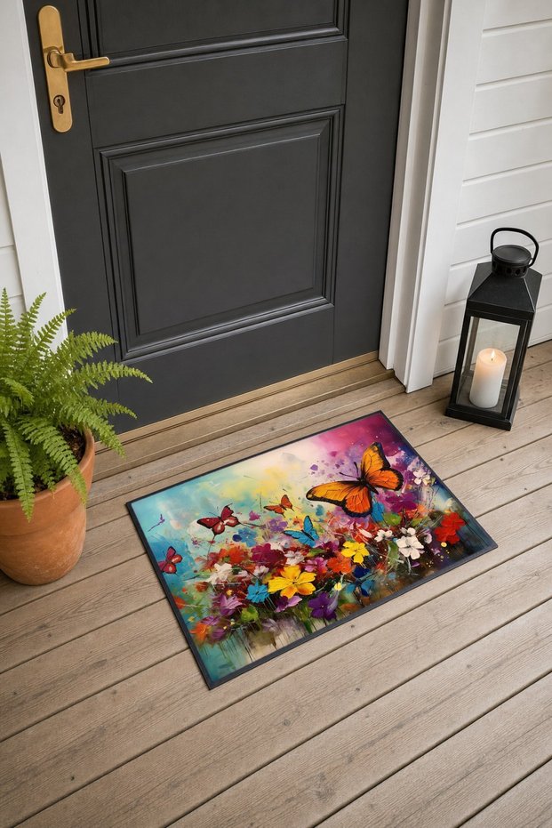 677 Orange and Blue Butterfly-Patterned Doormat, 40x60 cm, with Non-Slip Sole, Decorative