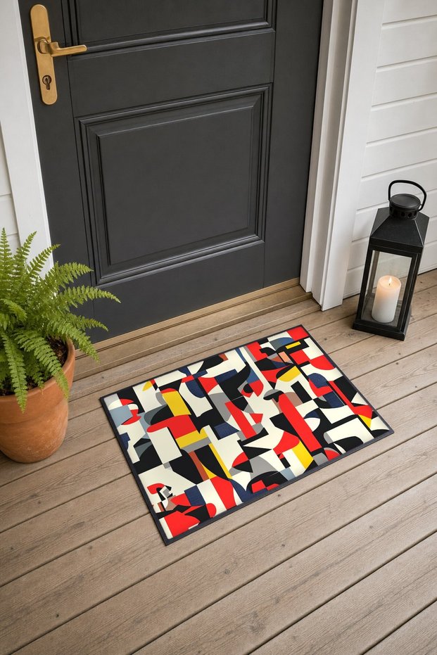 Black, Red, and Yellow Cubist Mosaic-Patterned Doormat, 40x60 cm, with Non-Slip Sole, Decorative