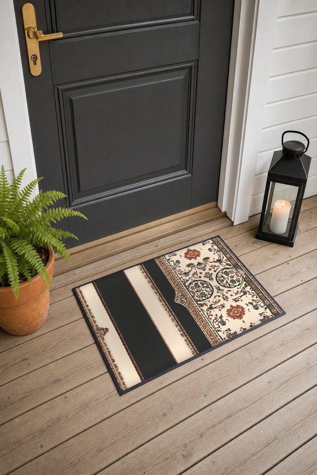 Black Cream Vintage Striped Pattern Doormat, 40x60 cm, Non-Slip Sole, Decorative