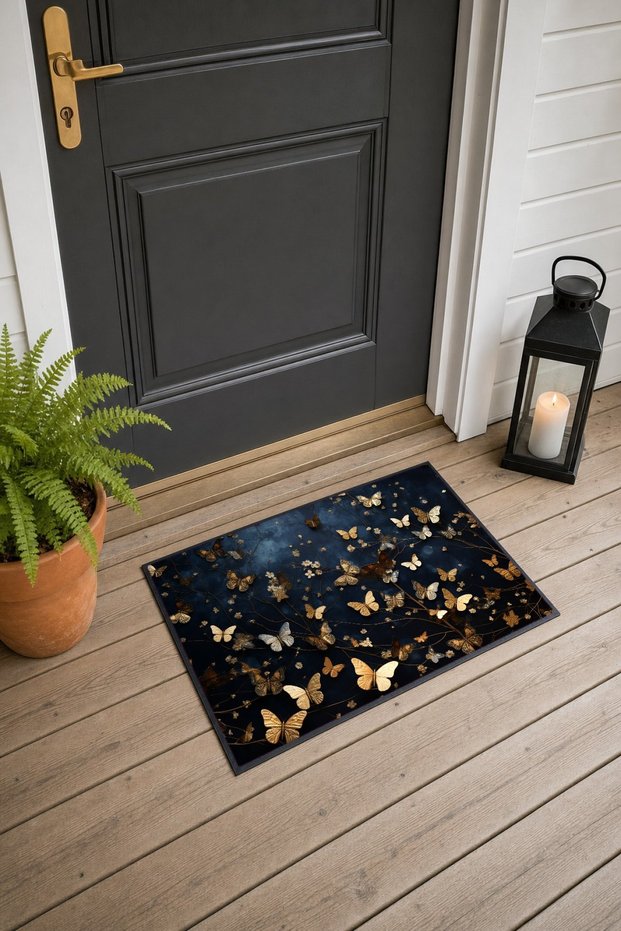 Gold and Blue Butterfly-Patterned Doormat, 40x60 cm, with Non-Slip Sole, Decorative