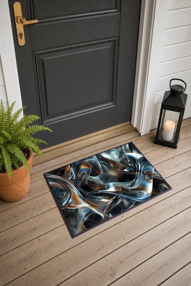 Blue and Silver Fluid-Patterned Doormat, 40x60 cm, with Non-Slip Sole, Decorative