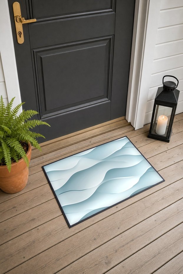 White, Ice Blue, 3D Wave-Patterned Doormat, 40x60 cm, Non-Slip Sole, Decorative