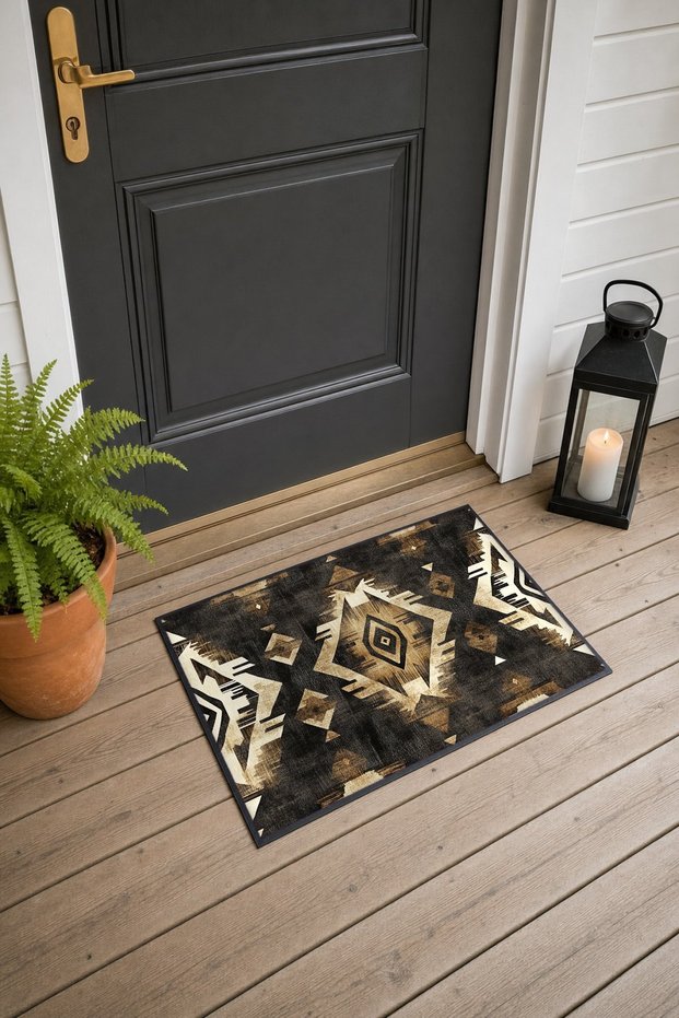 Coffee-Colored Golden Kilim Rug with Ethnic Patterned Design, Door Mat, 40x60 cm, Non-Slip Sole, Decorative