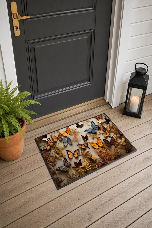 563 Yellow and Blue Butterfly-Patterned Doormat, 40x60 cm, with Non-Slip Sole, Decorative