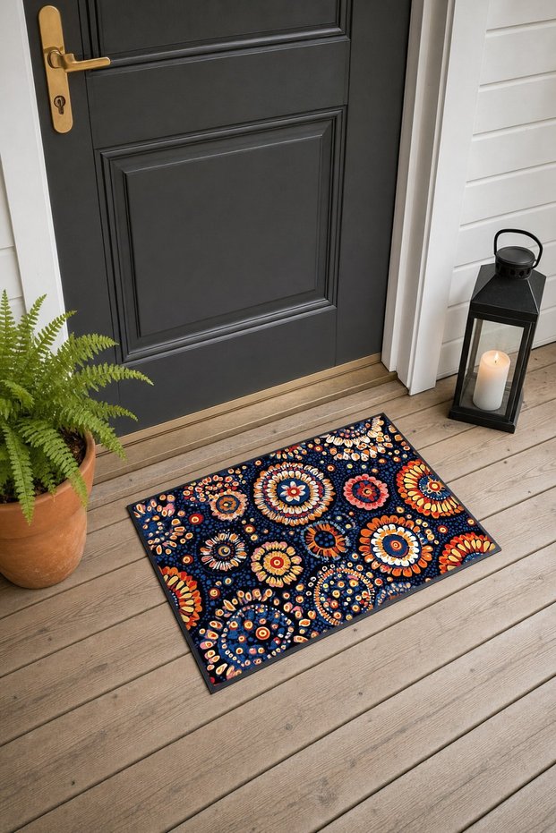 Navy Blue and Orange Aboriginal Dot and Circle Pattern Door Mat, 40x60 cm, with Non-Slip Sole, Decorative